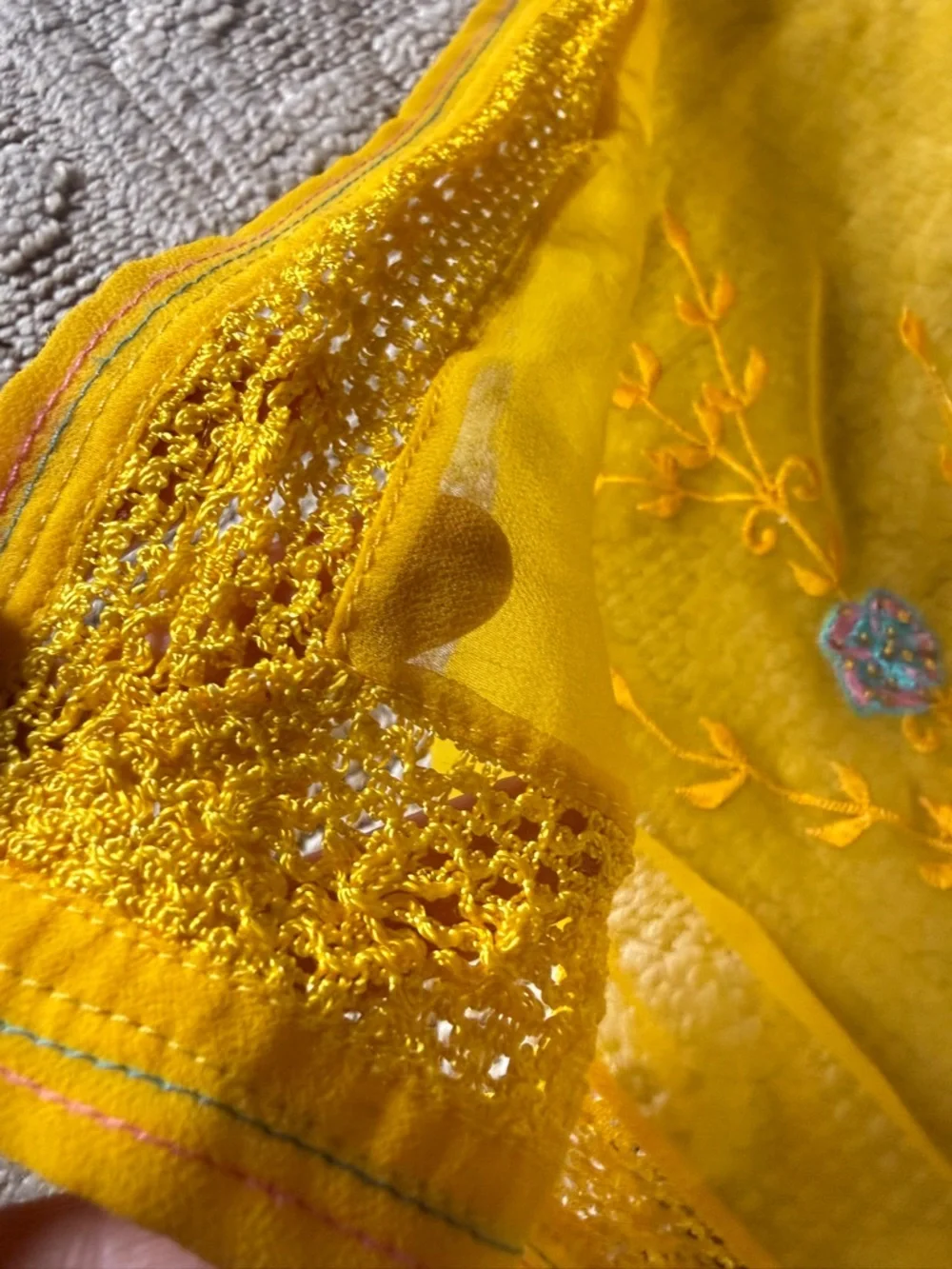 Unbranded Yellow Table cloth 40x84”  vintage India Embroidered floral Wrap